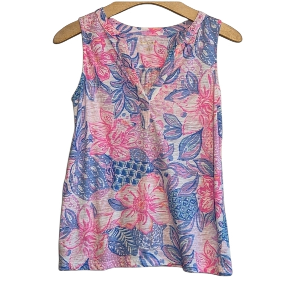 Lilly Pulitzer Dev Tank Top Sz XS Pink Isle Snappy Turtle Beachy Pullover Casual